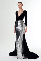 Load image into Gallery viewer, Sparkly Black and Silver Sequins V-Neck Long Sleeves Holiday Party Dress