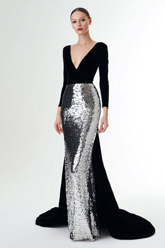 Sparkly Black and Silver Sequins V-Neck Long Sleeves Holiday Party Dress