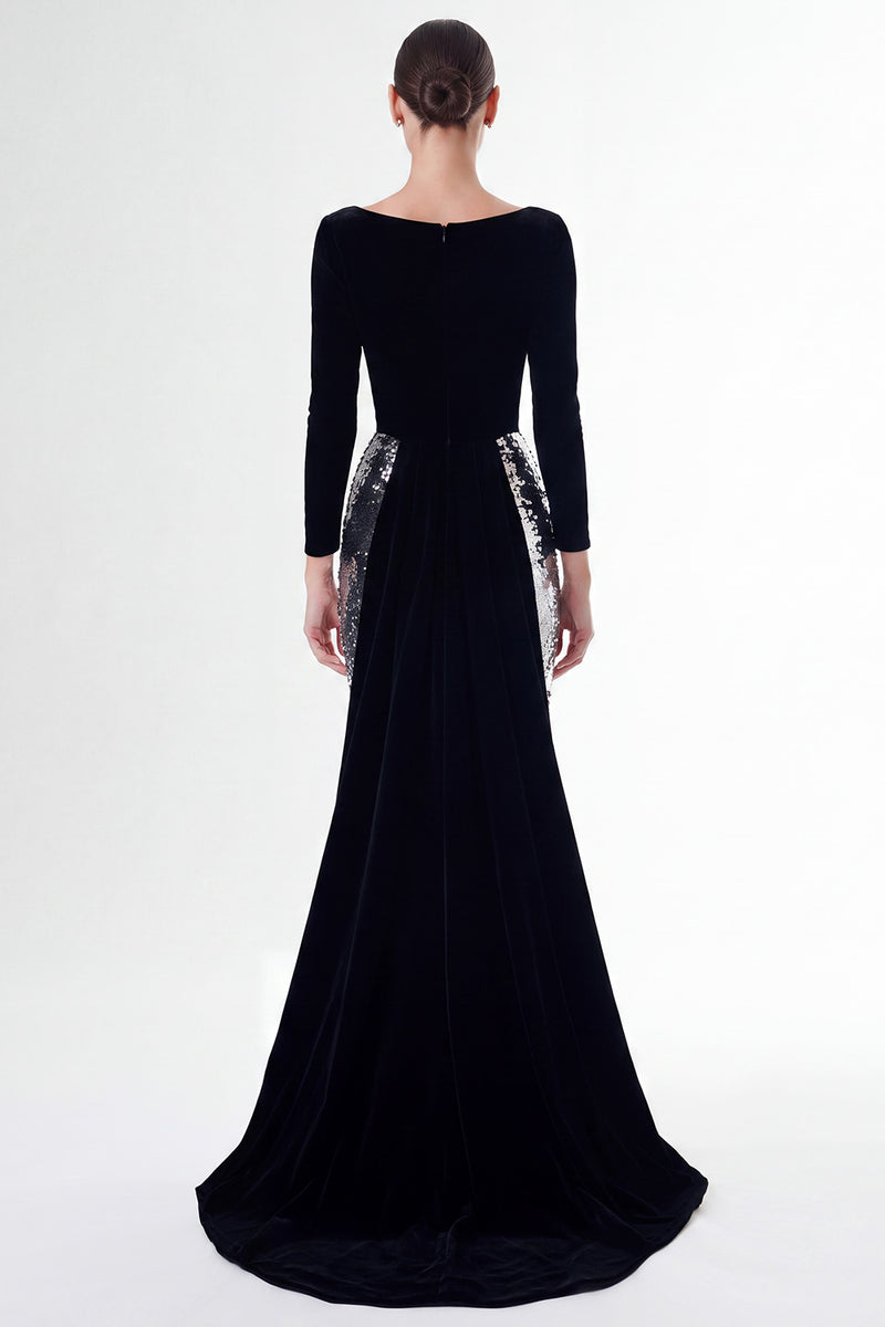 Load image into Gallery viewer, Sparkly Black and Silver Sequins V-Neck Long Sleeves Holiday Party Dress