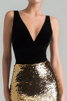 Load image into Gallery viewer, Sparkly Gold and Black Mermaid V-Neck Long Holiday Party Dress with Cape