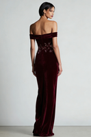 Load image into Gallery viewer, Burgundy Velvet Floral Off the Shoulder Sheath Long Holiday Party Dress