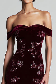 Floral Burgundy Velvet Off the Shoulder Long Holiday Party Dress