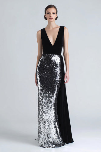 Sparkly Black and Silver Sequins Long Holiday Party Dress with Side Cape