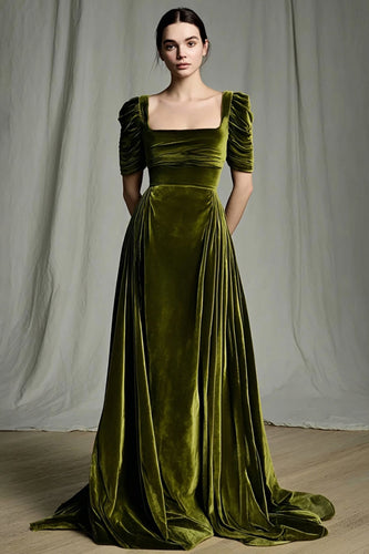 Olive Velvet A Line Square Neck Long Sleeves Holiday Party Dress