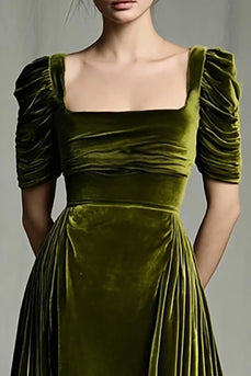 Olive Velvet A Line Square Neck Long Sleeves Holiday Party Dress