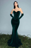 Load image into Gallery viewer, Dark Green Velvet Mermaid Sweetheart Long Corset Holiday Party Dress