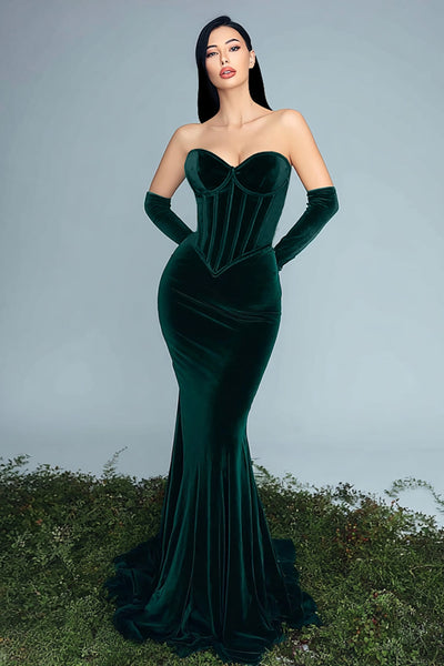 Dark Green Velvet Mermaid Sweetheart Long Corset Holiday Party Dress
