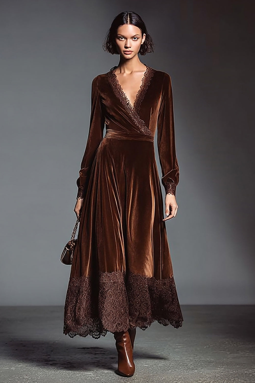 Coffee A Line Velvet V-Neck Long Sleeves Holiday Party Dress with Lace
