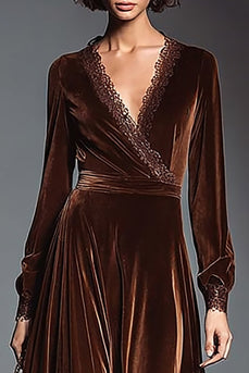 Coffee A Line Velvet V-Neck Long Sleeves Holiday Party Dress with Lace