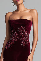 Load image into Gallery viewer, Floral Burgundy Velvet Strapless Long Holiday Party Dress with Appliques