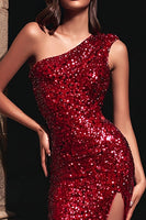 Load image into Gallery viewer, Sparkly Red Sequin One Shoulder Long Holiday Party Dress with Slit