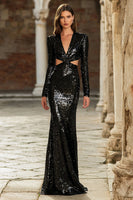 Load image into Gallery viewer, Sparkly Black Sequin V-Neck Cut Out Long Sleeves Holiday Party Dress