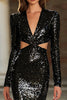 Load image into Gallery viewer, Sparkly Black Sequin V-Neck Cut Out Long Sleeves Holiday Party Dress