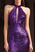 Load image into Gallery viewer, Sparkly Purple Sequins Halter Long Holiday Party Dress with Keyhole