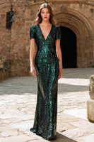 Load image into Gallery viewer, Sparkly Dark Green Sequin Mermaid Long Holiday Party Dress with Sleeves