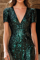 Load image into Gallery viewer, Sparkly Dark Green Sequin Mermaid Long Holiday Party Dress with Sleeves