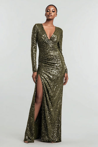 Sparkly Olive Sequin Ruched Long Sleeves Holiday Party Dress with Slit
