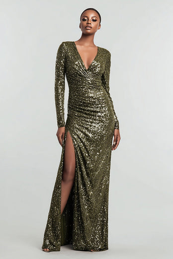 Sparkly Olive Sequin Ruched Long Sleeves Holiday Party Dress with Slit