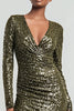 Load image into Gallery viewer, Sparkly Olive Sequin Ruched Long Sleeves Holiday Party Dress with Slit