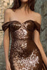 Load image into Gallery viewer, Sparkly Brown Sequin Off the Shoulder Long Holiday Party Dress with Cape