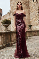 Load image into Gallery viewer, Sparkly Burgundy Mermaid Off the Shoulder Long Holiday Party Dress