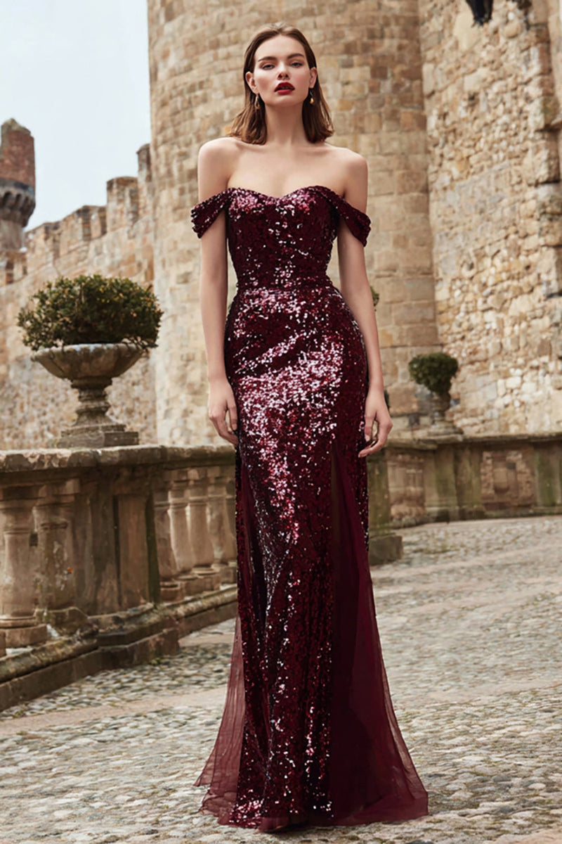 Load image into Gallery viewer, Sparkly Burgundy Mermaid Off the Shoulder Long Holiday Party Dress