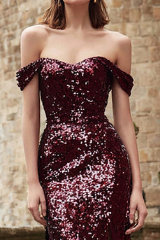 Sparkly Burgundy Mermaid Off the Shoulder Long Holiday Party Dress