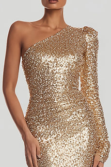 Sparkly Gold Sequin One Shoulder Long Holiday Party Dress with Sleeves