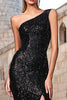 Load image into Gallery viewer, Sparkly Black Sequin Mermaid One Shoulder Long Holiday Party Dress with Slit