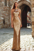 Load image into Gallery viewer, Sparkly Gold Sequin Cut Out Mermaid Long Holiday Party Dress