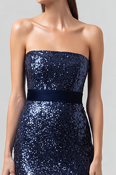 Sparkly Navy Sequin Mermaid Strapless Long Holiday Party Dress