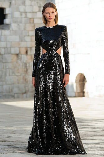 Sparkly Black Sequin Cut Out Long Sleeves Holiday Party Dress