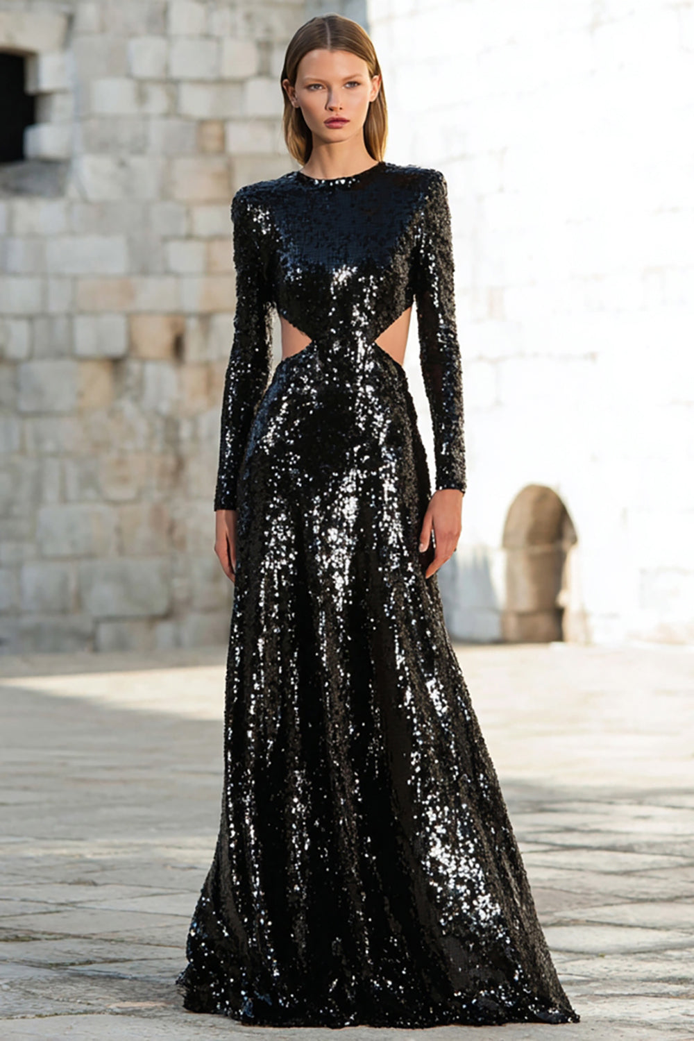 Sparkly Black Sequin Cut Out Long Sleeves Holiday Party Dress