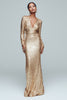 Load image into Gallery viewer, Sparkly Gold Sequin Mermaid V-Neck Long Sleeves Holiday Party Dress