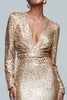 Load image into Gallery viewer, Sparkly Gold Sequin Mermaid V-Neck Long Sleeves Holiday Party Dress