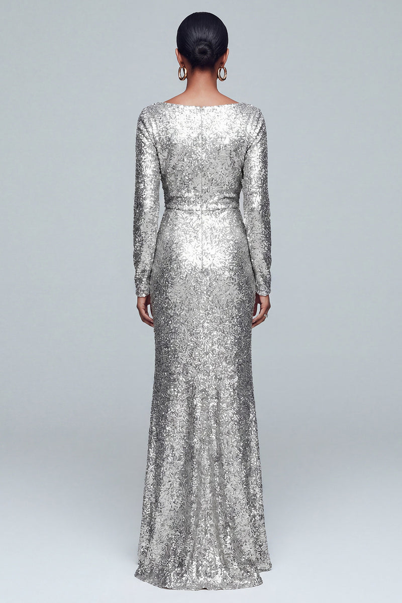 Load image into Gallery viewer, Sparkly Gold Mermaid Sequin V-Neck Long Sleeves Holiday Party Dress