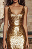 Load image into Gallery viewer, Sparkly Gold Sequin Scoop Neck Mermaid Long Holiday Party Dress
