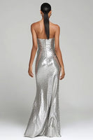 Load image into Gallery viewer, Sparkly Silver Sequin Strapless Ruched Long Holiday Party Dress with Slit