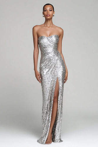 Sparkly Silver Sequin Strapless Ruched Long Holiday Party Dress with Slit
