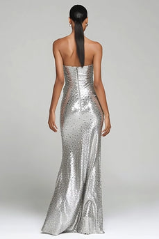Sparkly Silver Sequin Strapless Ruched Long Holiday Party Dress with Slit