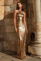 Load image into Gallery viewer, Sparkly Gold Sequin Sheath Halter Long Holiday Party Dress