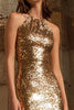 Load image into Gallery viewer, Sparkly Gold Sequin Sheath Halter Long Holiday Party Dress