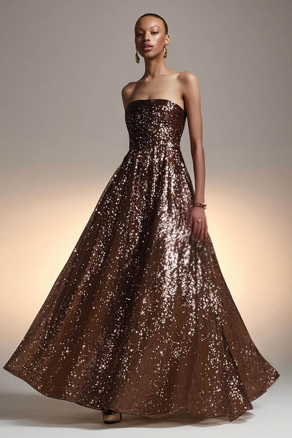 Sparkly Brown A Line Sequin Strapless Long Holiday Party Dress