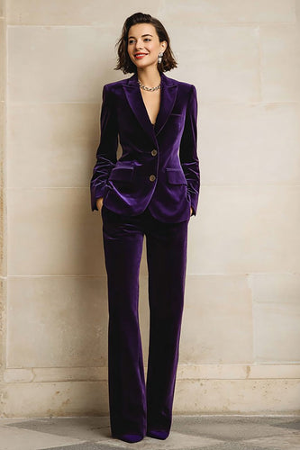 2 Piece Plum Velvet Peak Lapel Business Suits with Pockets