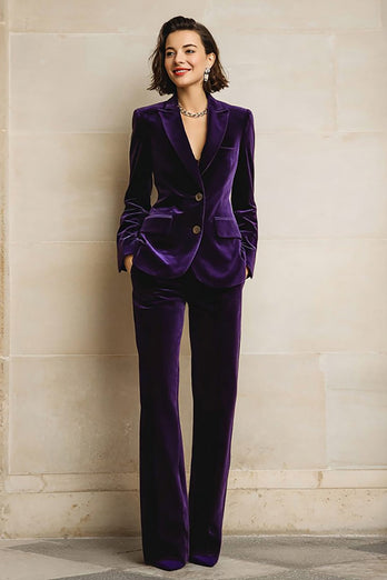 2 Piece Plum Velvet Peak Lapel Business Suits with Pockets