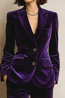 2 Piece Plum Velvet Peak Lapel Business Suits with Pockets