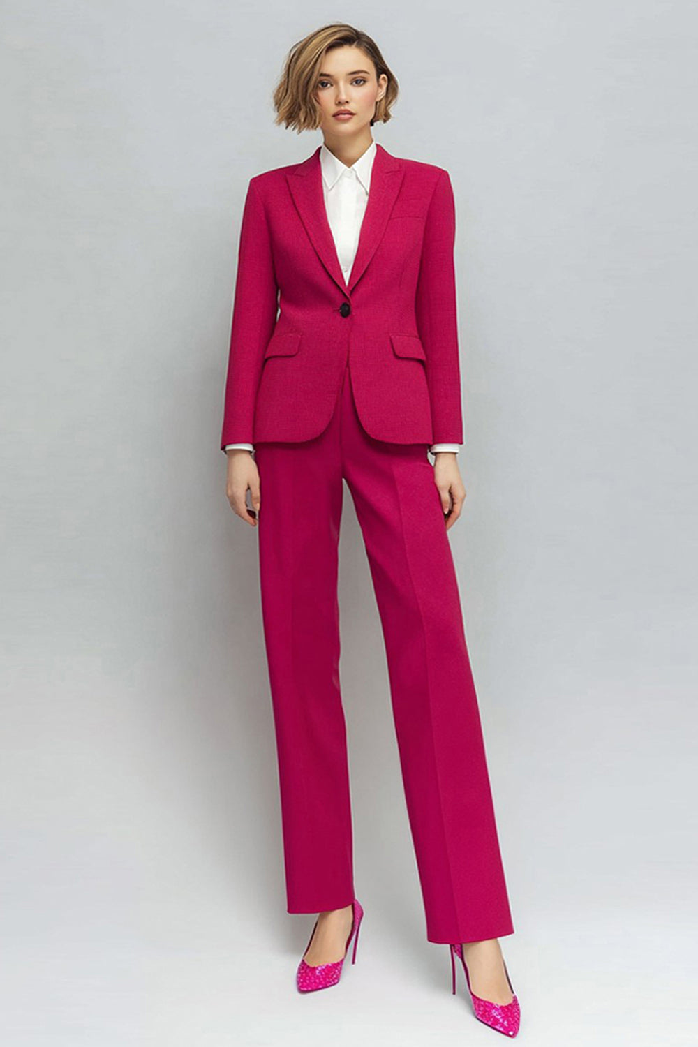 Fuchsia 2 Piece Peak Lapel Fitted Long Sleeves Business Suits