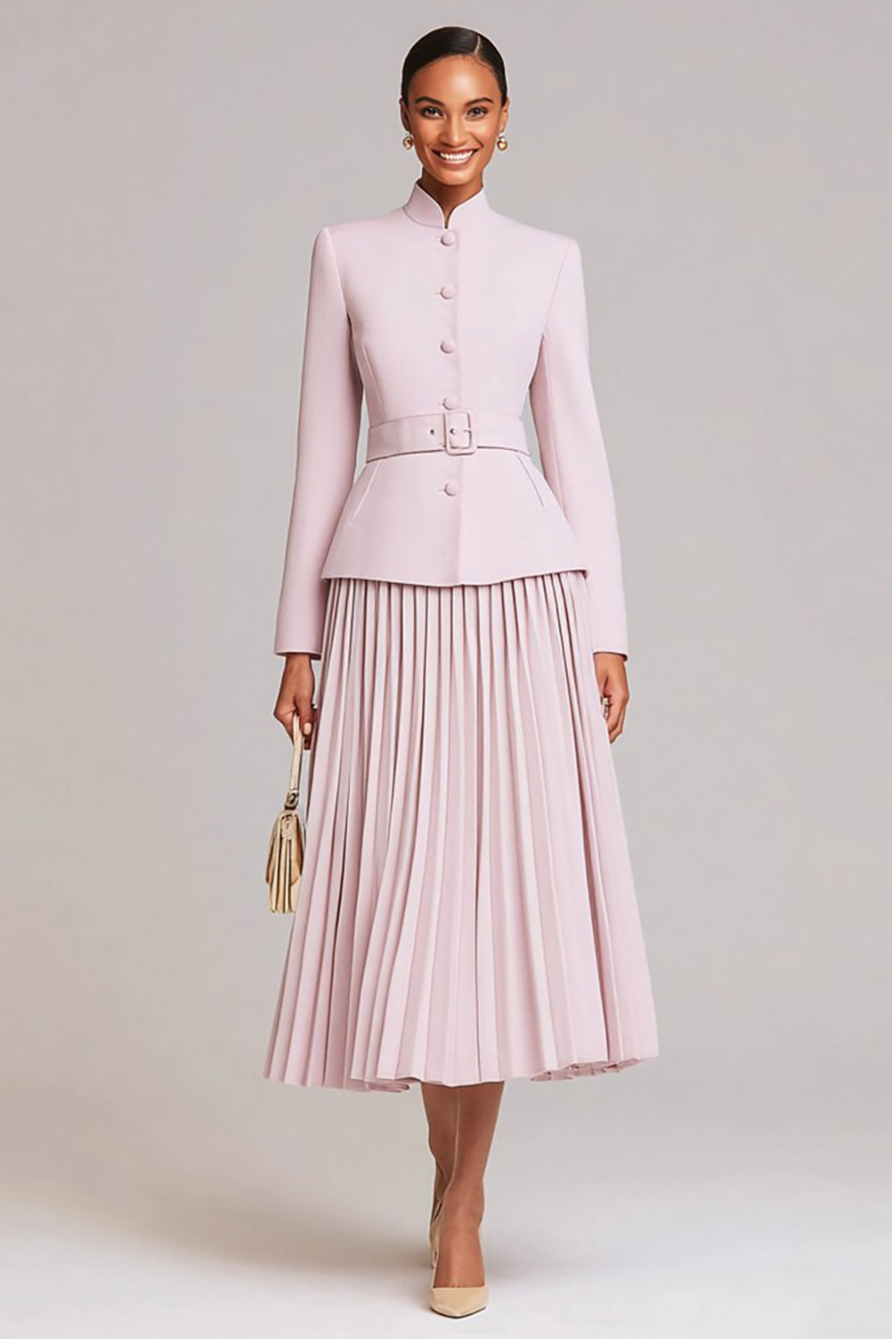 2 Piece Light Pink High Neck Business Suits with Belt