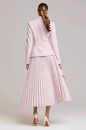 2 Piece Light Pink High Neck Business Suits with Belt