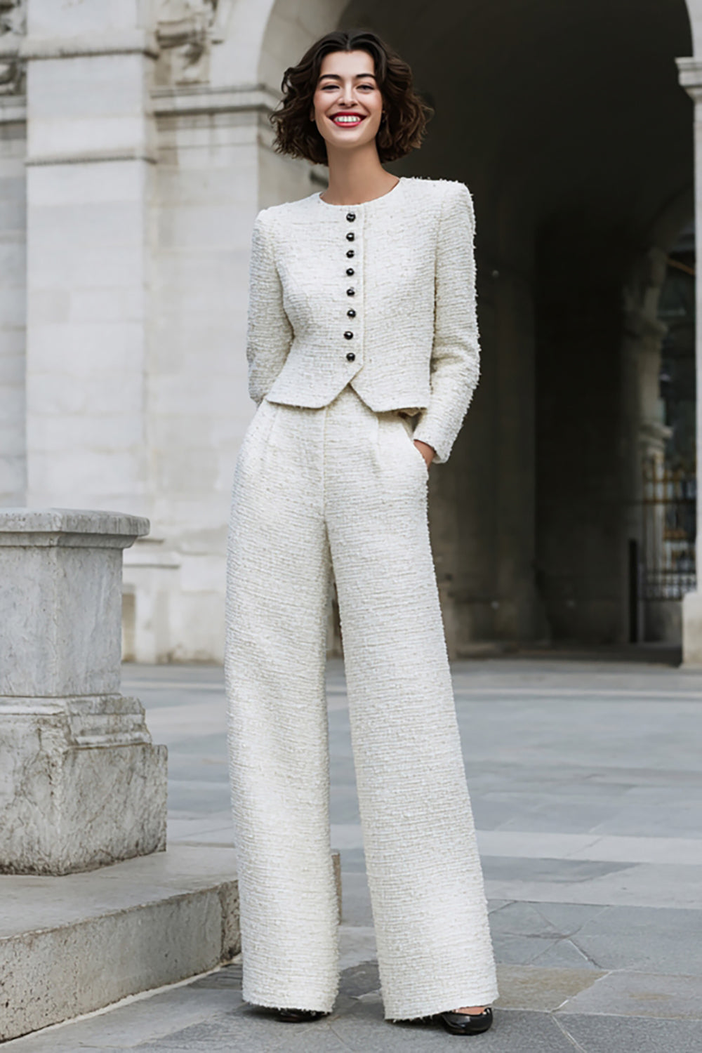 Ivory 2 Piece Tweed Wide Leg Long Sleeves Interview Outfits with Pockets